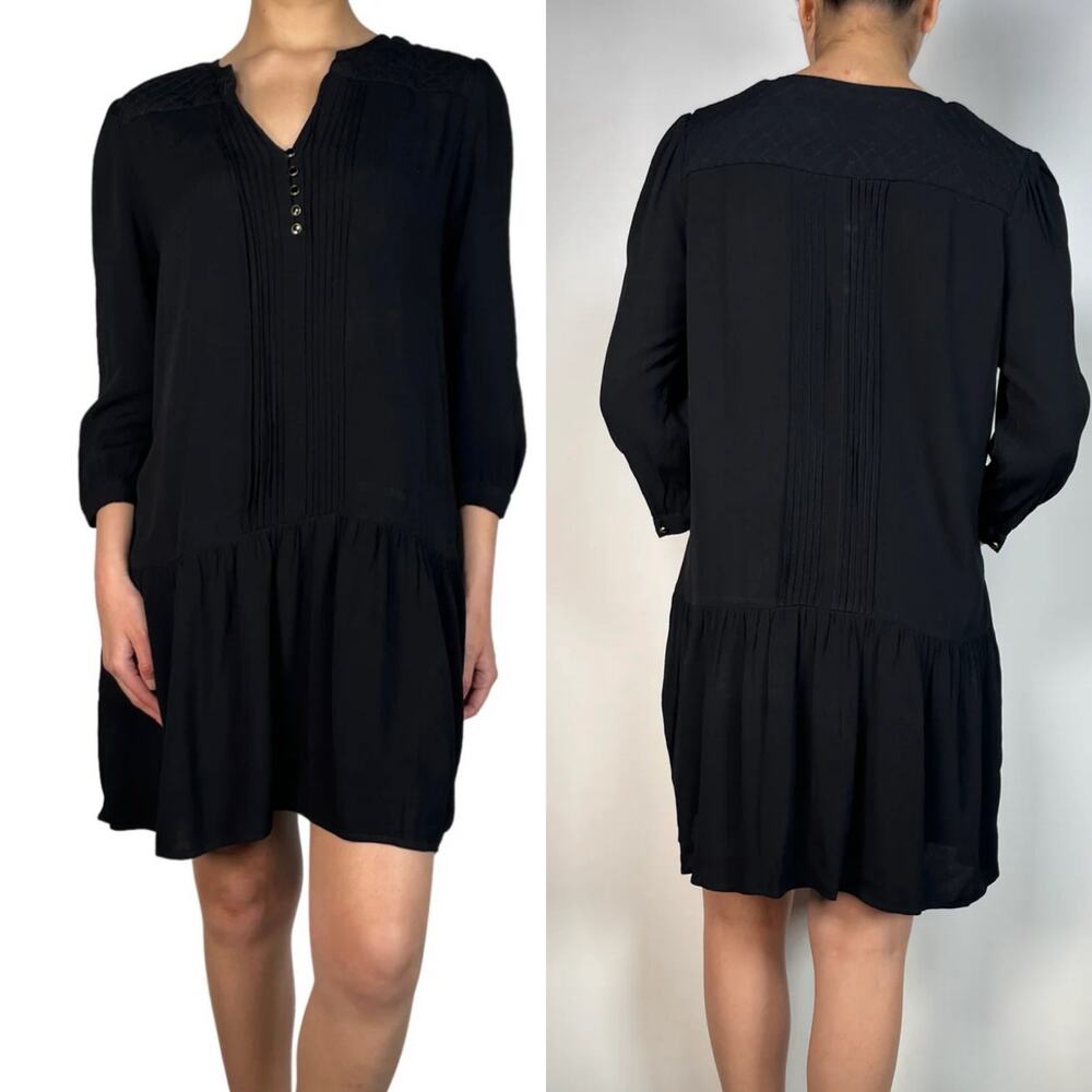 Anthropologie Maeve Black Galina Pintuck Mandarin Collar Drop Waist Dress XXS